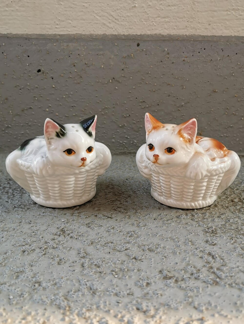 Vintage Bone China Cats in Baskets Salt & Pepper Shakers Set